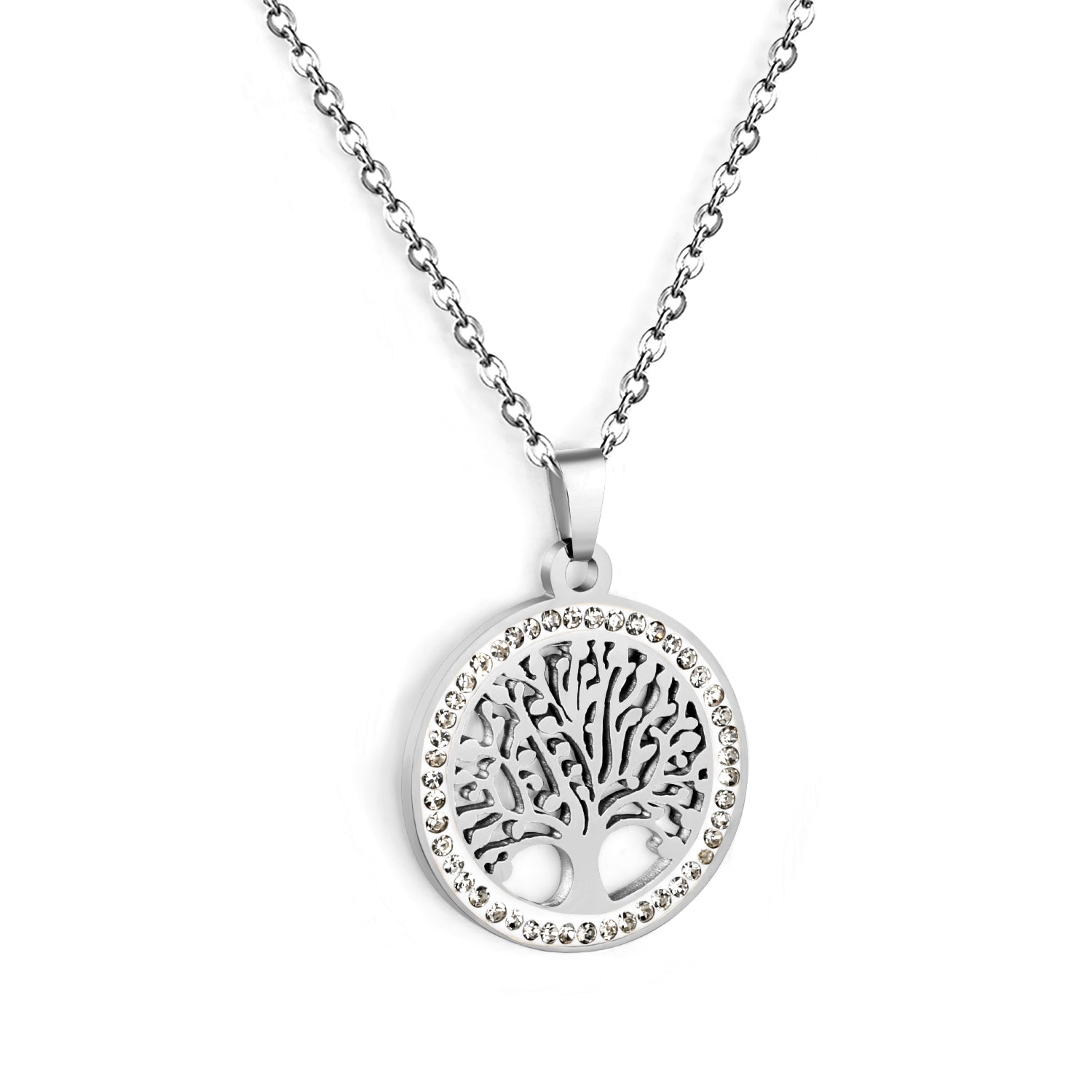 21.9mm Round Hollowed Out Tree of Life with White Diamonds Pendant 40+5cm Necklace Steel/Golden asonjewelry